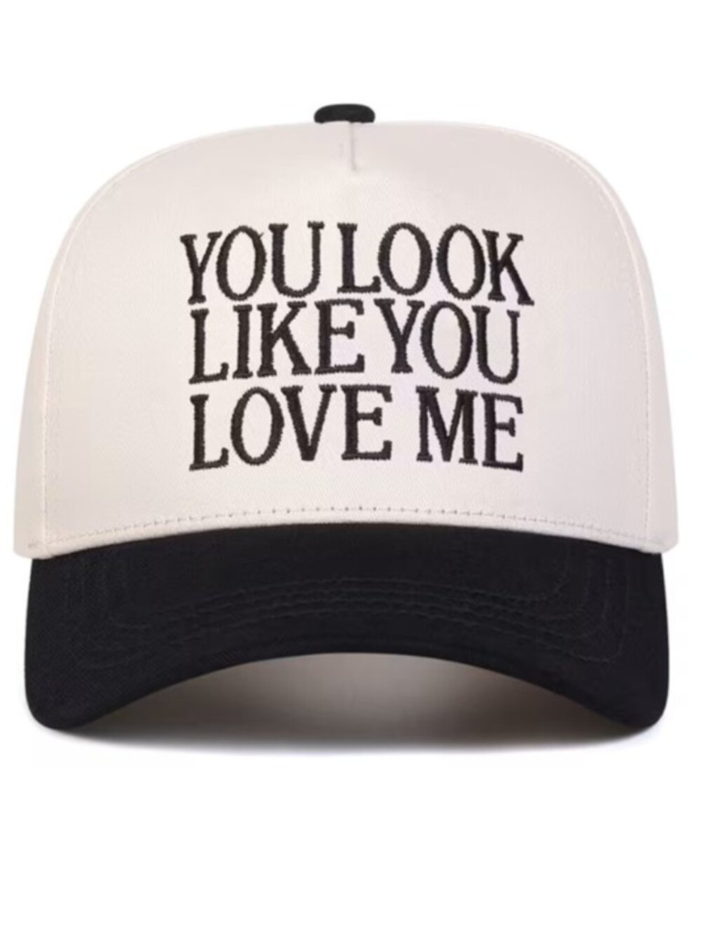 “YOU LOOK LIKE YOU LOVE ME” Ivory & Black Embroidered Trucker Hat (BRAND-NEW)